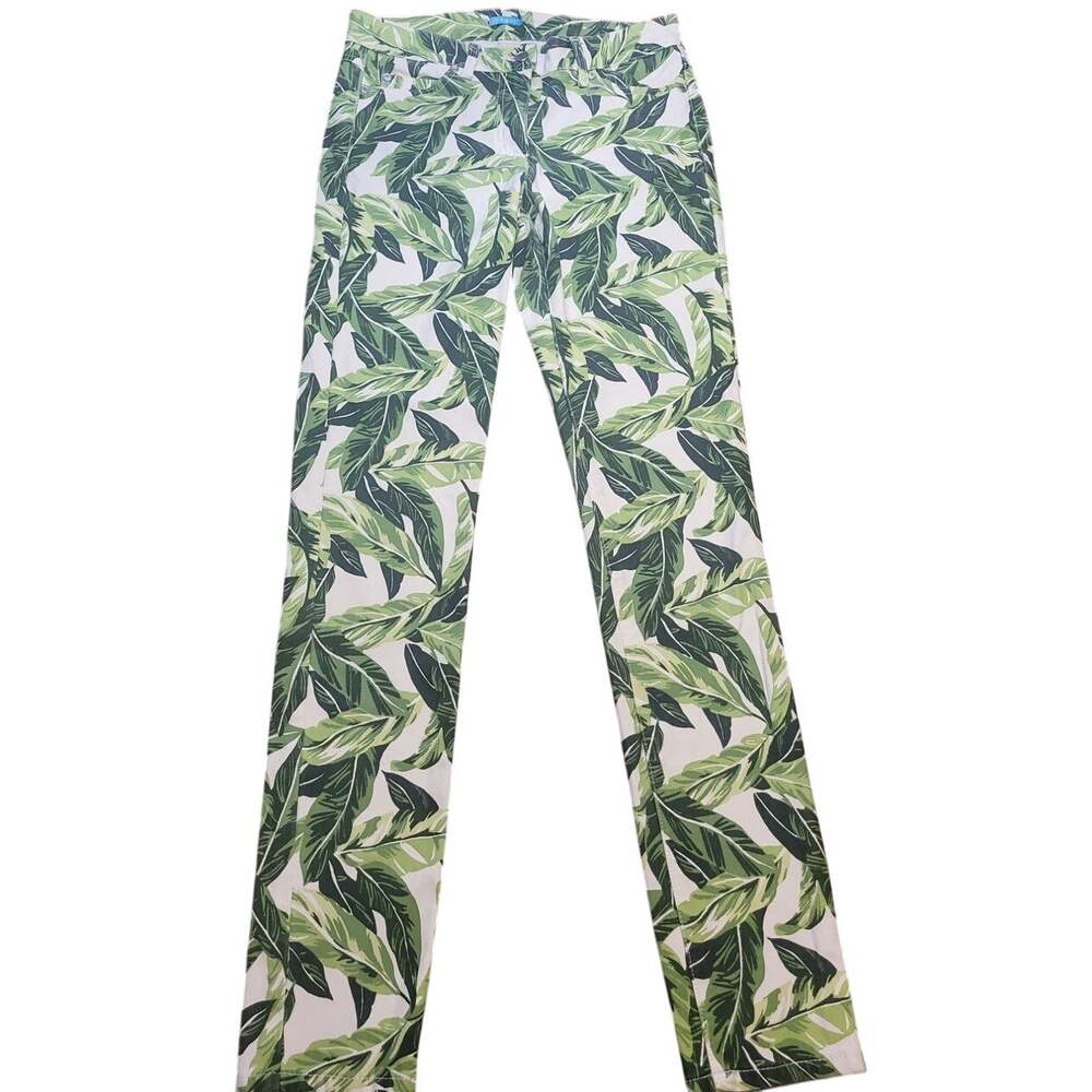 J. McLaughlin Jeans Lexi Leaf Print Sz 2 White Green Mid Rise Slim Printed Denim